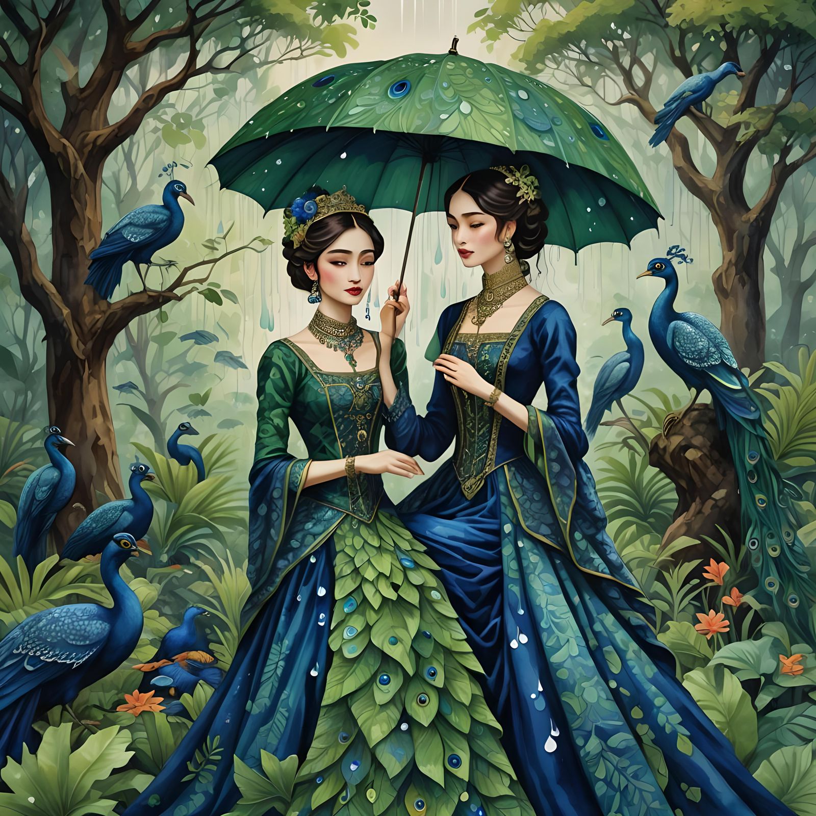 Neo-Victorian Lady in Rainy Forest, Gouache Style