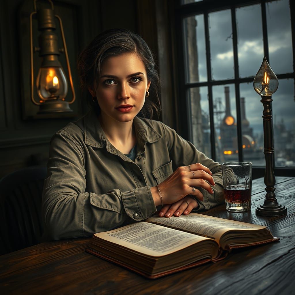 Steampunk Woman at Gas Lamp Lit Table