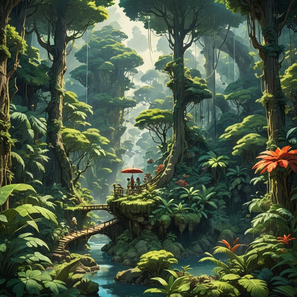 Lush Jungle Scene in Miyazaki and Expressionist Style