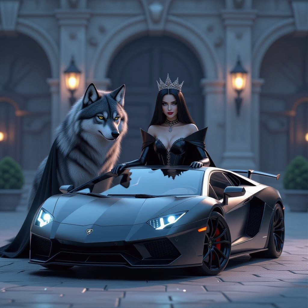 Evil Princess with Wolf and Lamborghini in 3D