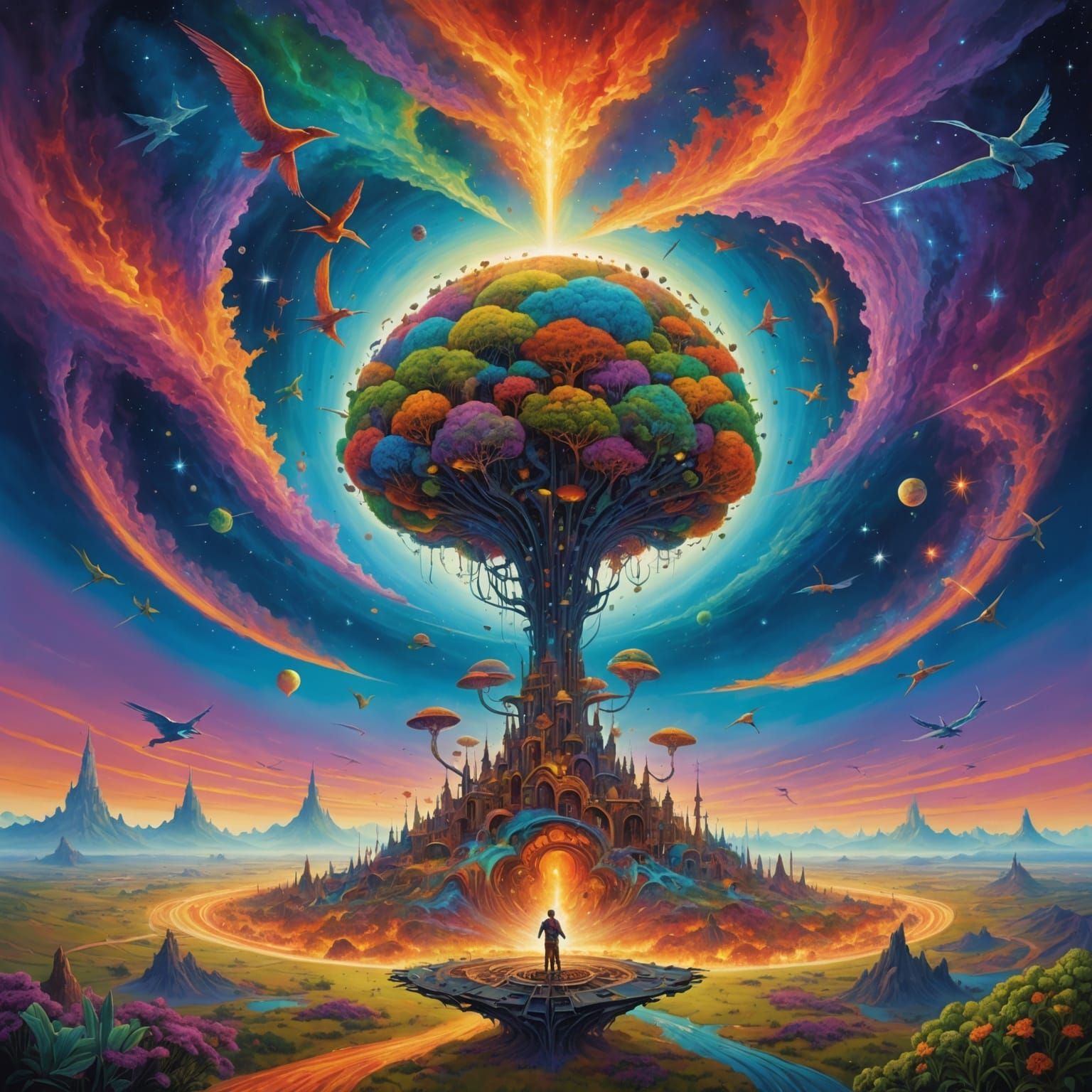 Surreal Landscape with Elastic Flora and Galactic Supernova