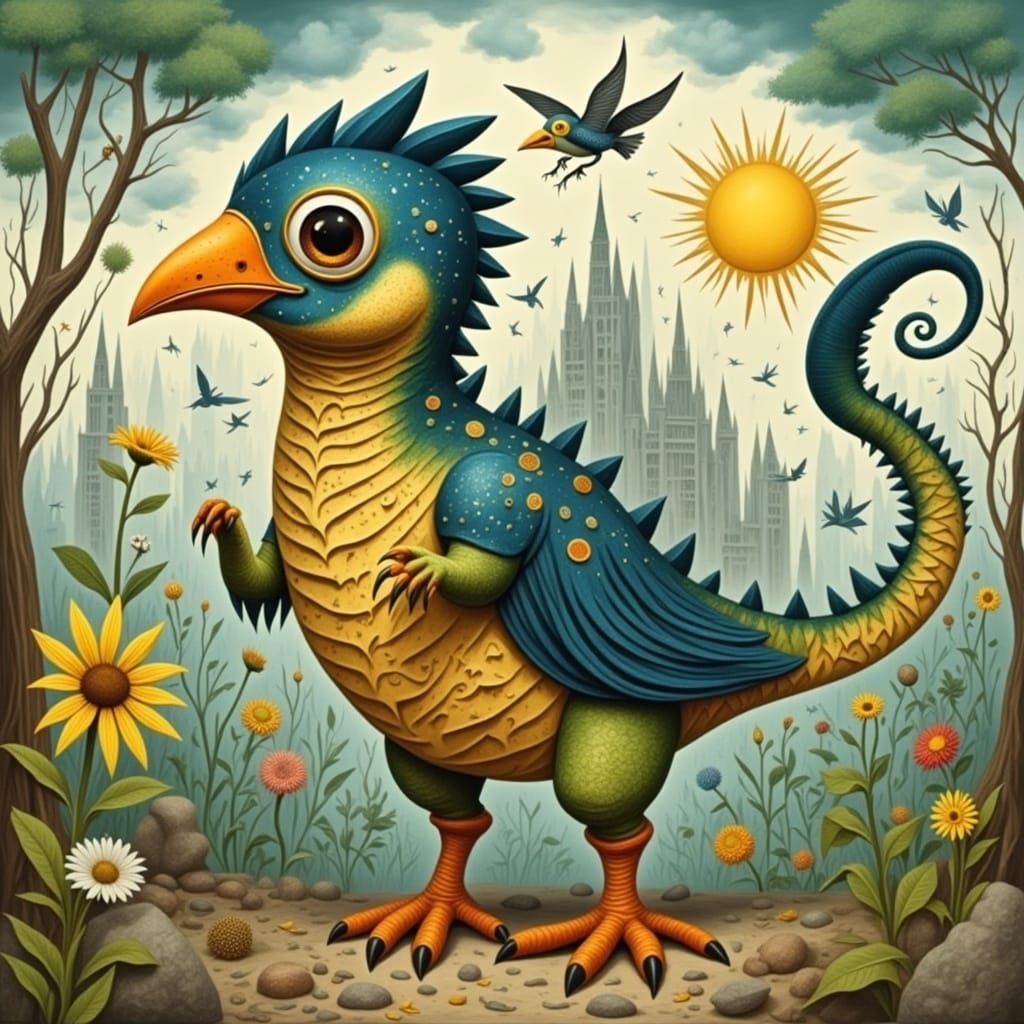 Birds and Dinosaurs Unite in a Whimsical Scene