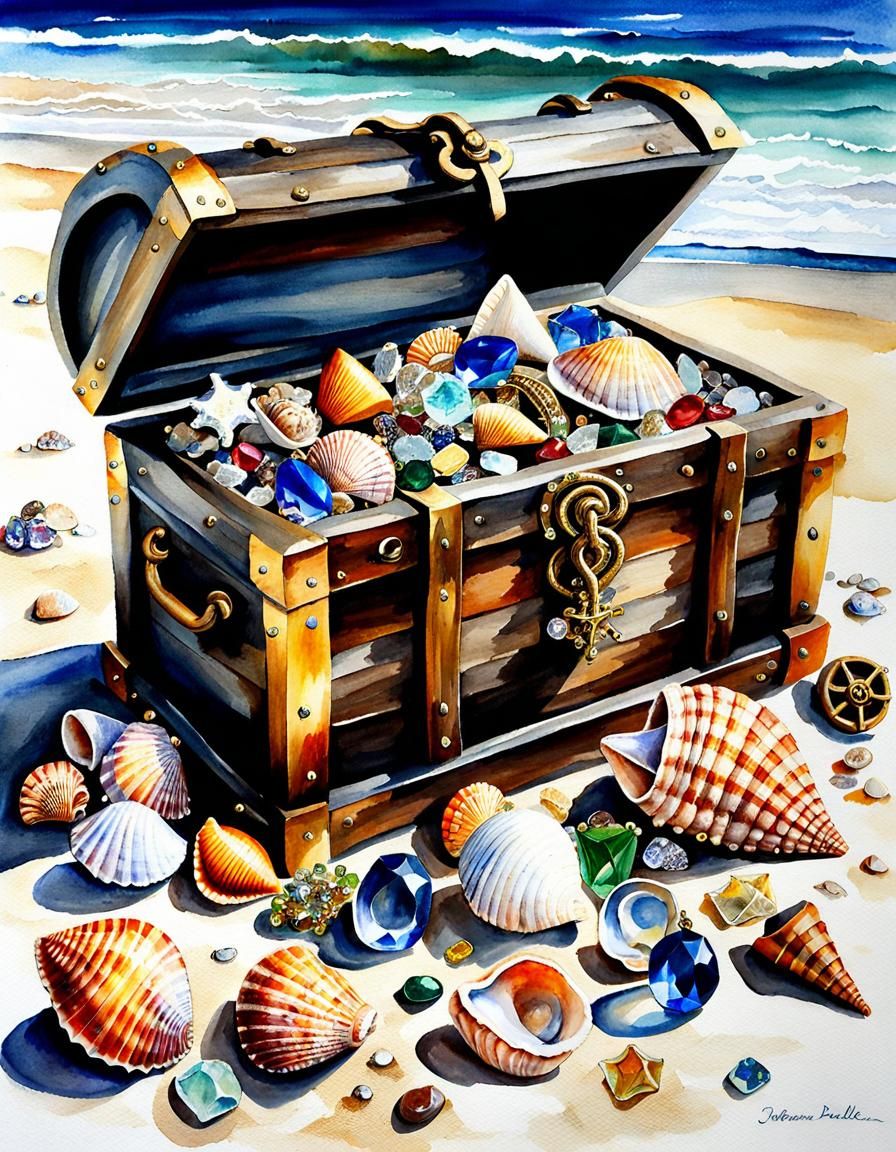 Beach Treasure Chest with Jewels, Watercolour Style