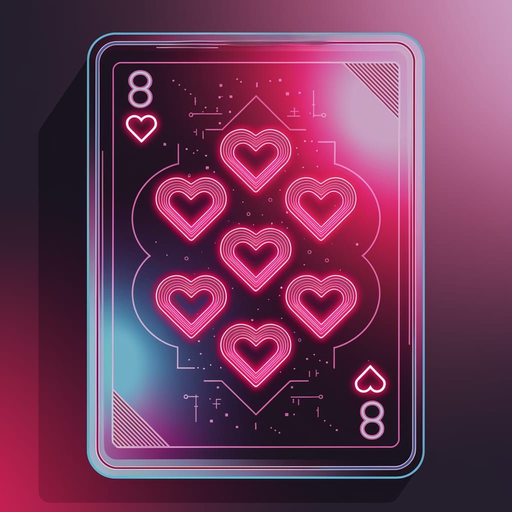 Sleek, Neon-Lit Eight of Hearts in Metallic Futurism