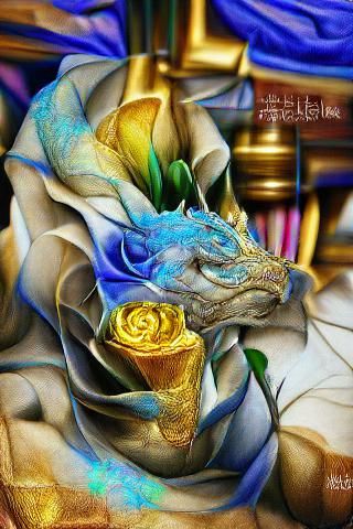 Dragon Blue Rose Golden beautiful detailed painting digital illustration hyperrealism iridescent ink drawing pencil sket...