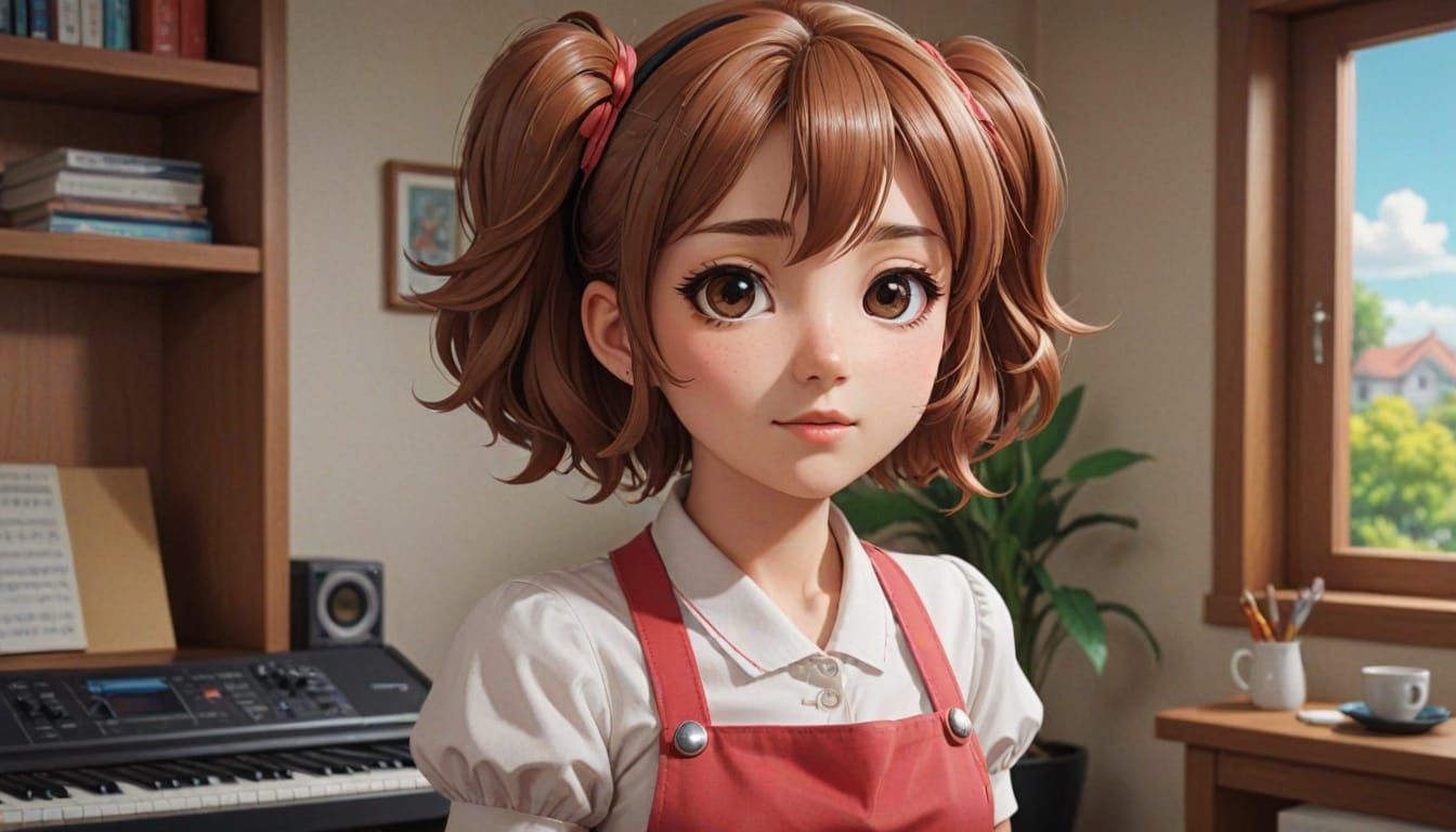 Cute Anime Housewife Practices Music in Vibrant Cel-Shaded S...