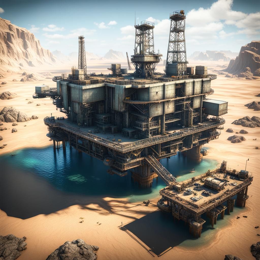 Apocalyptic Desert Oil Platform with Encampment in 3D
