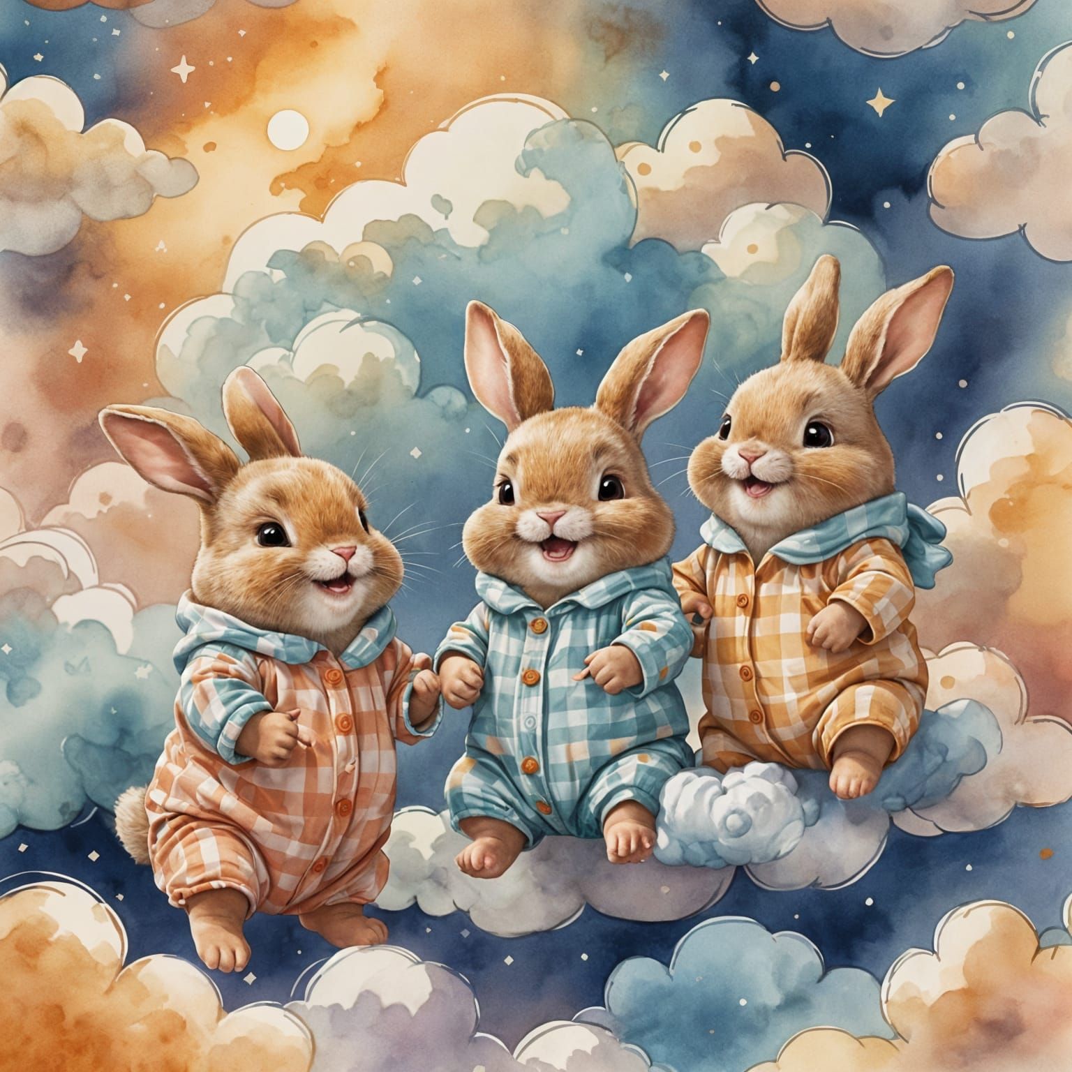 Chubby Brown Baby Bunnies Laughing in Pajamas