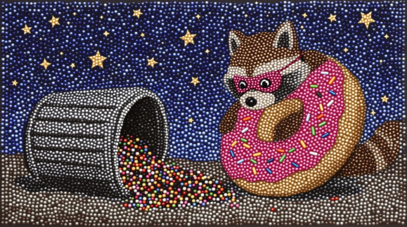 Raccoon Caught Stealing Donut in Beaded Mosaic Style