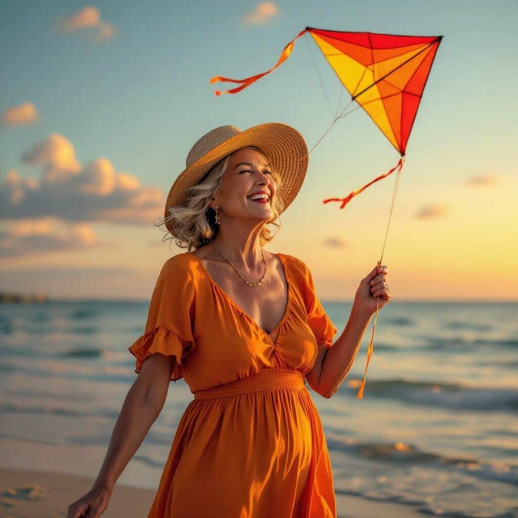 Joyful Woman Flying Kite at Sunset, Photorealistic Style