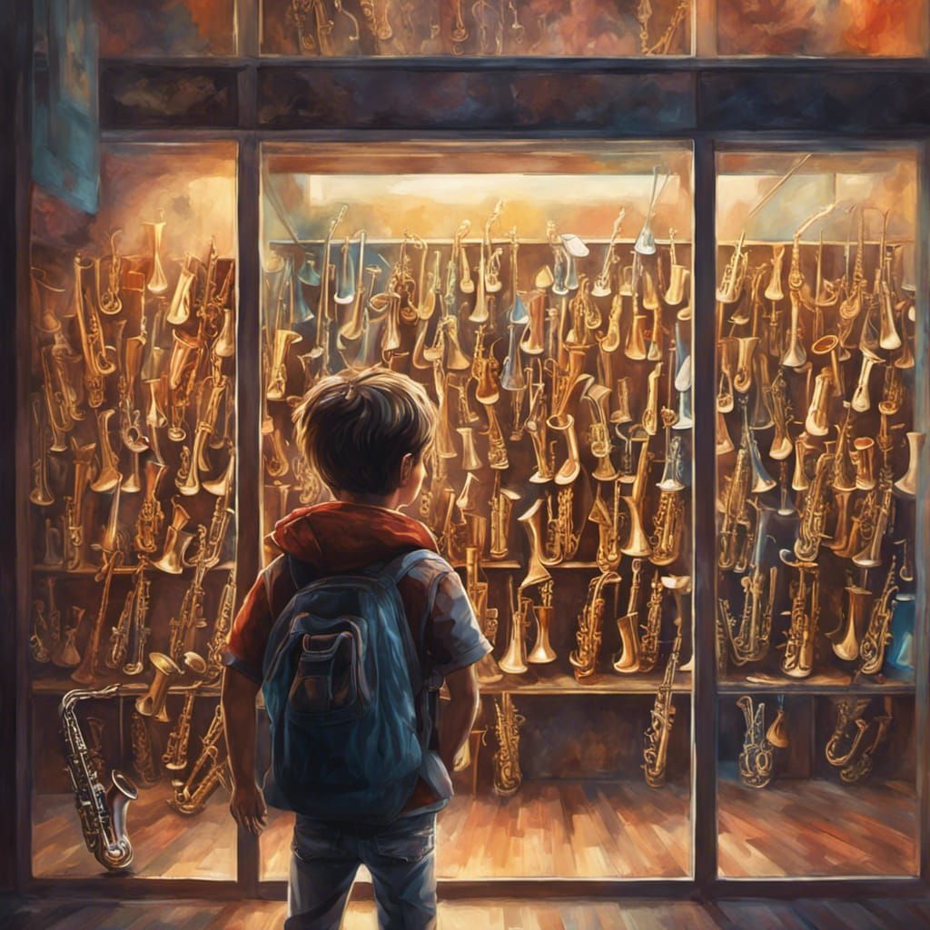 Boy Gazing at Saxophones in Music Store