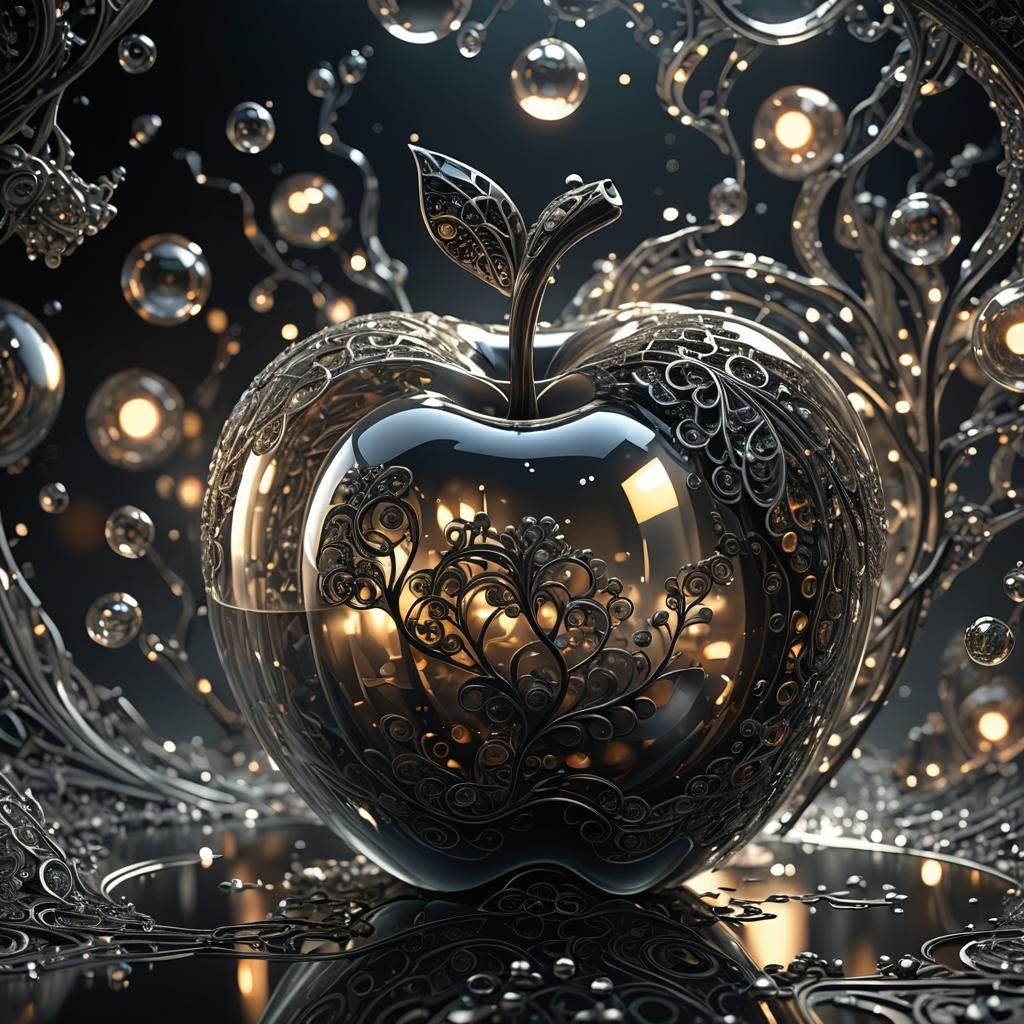 Glass Apple with Fractals in Abstract Vector Style