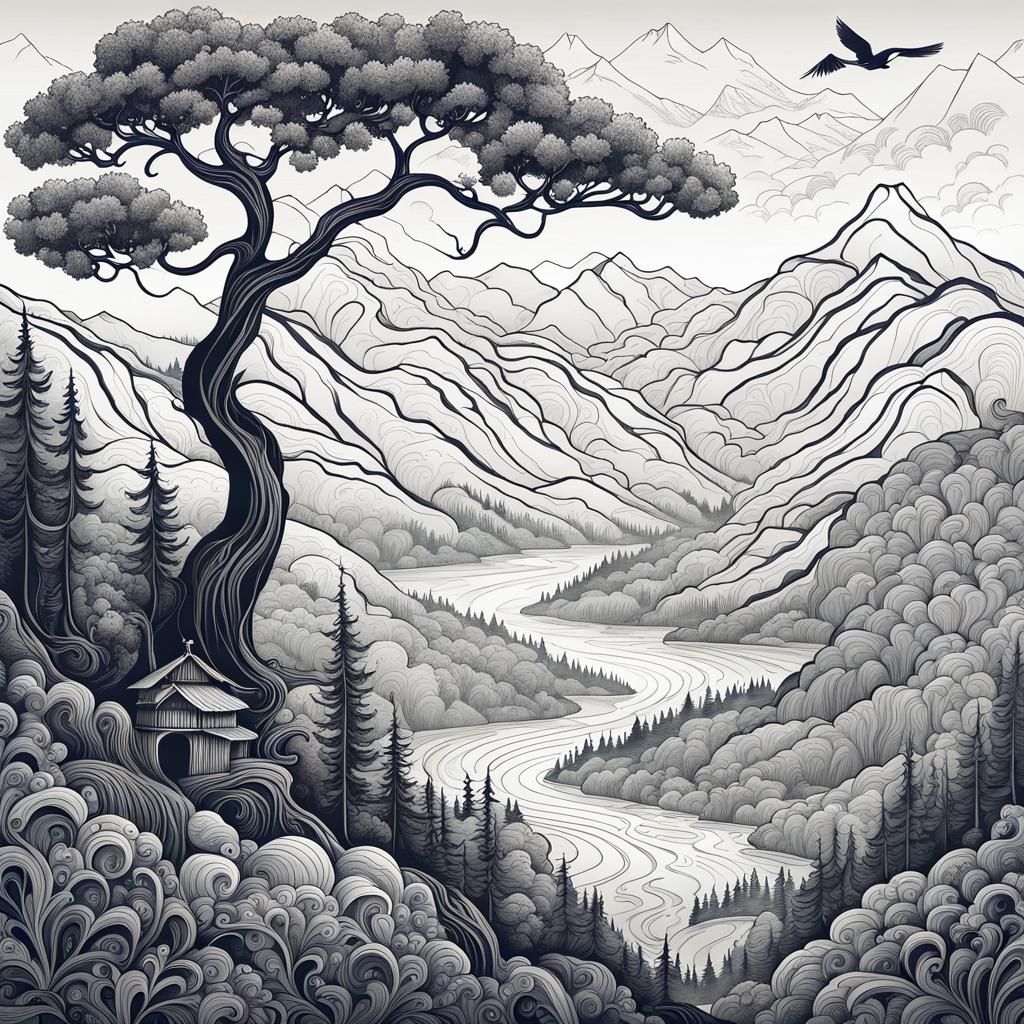 Ink Doodle Landscape with Mountains and Waterfalls