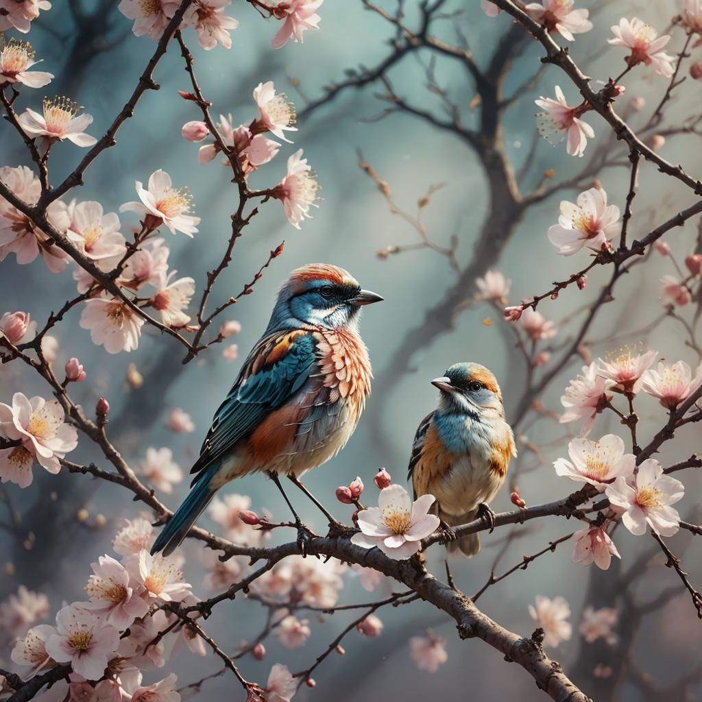 Bird on Blossom Branch in Baroque Surrealism