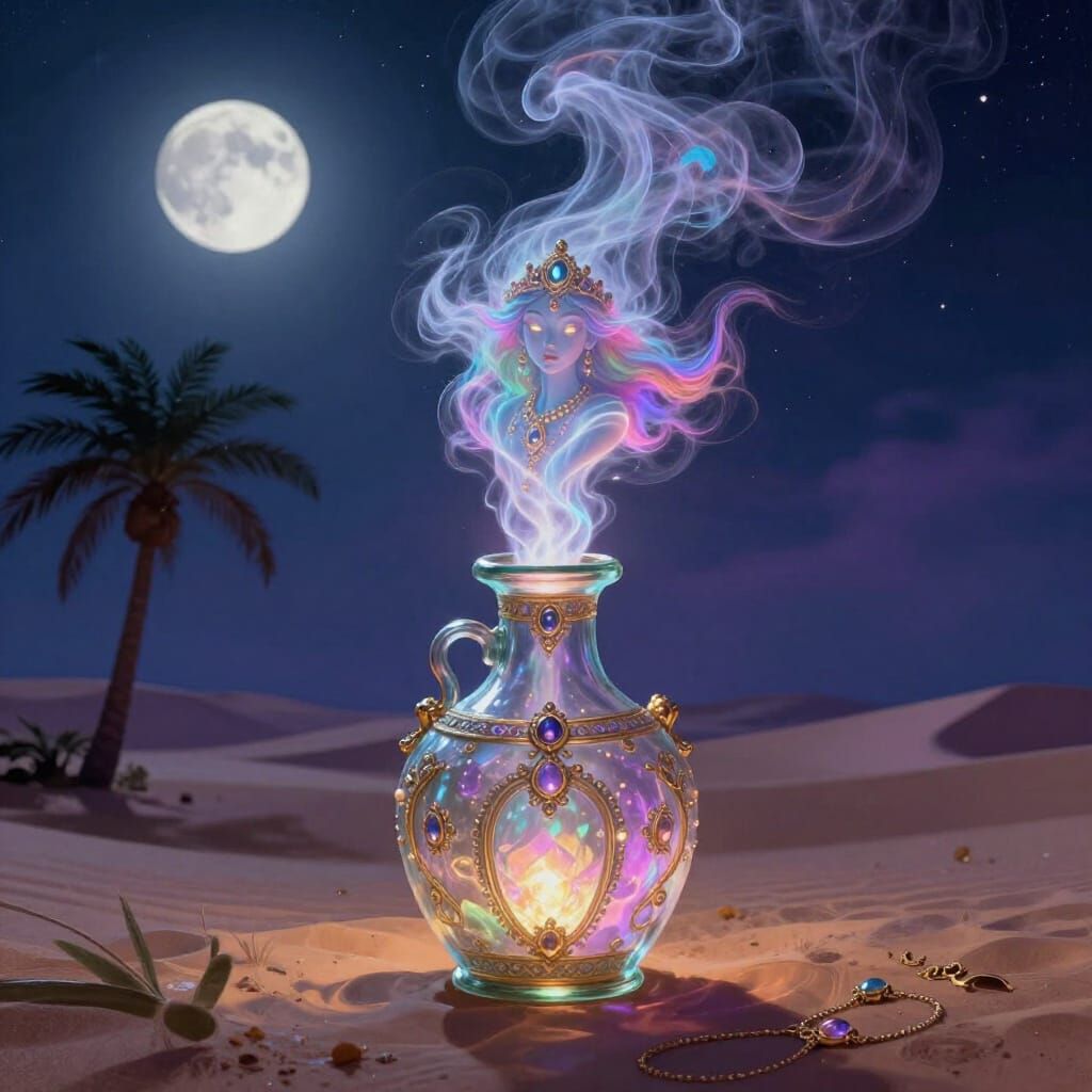 Genie Emerges from Ornate Bottle in Moonlit Desert