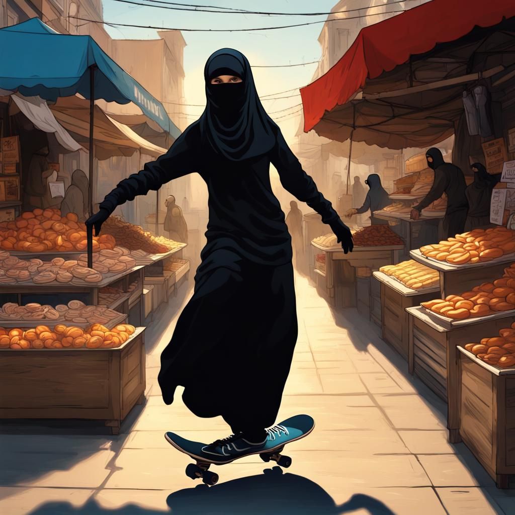 Skating Niqabi Silhouette in Market, Digital Matte Painting