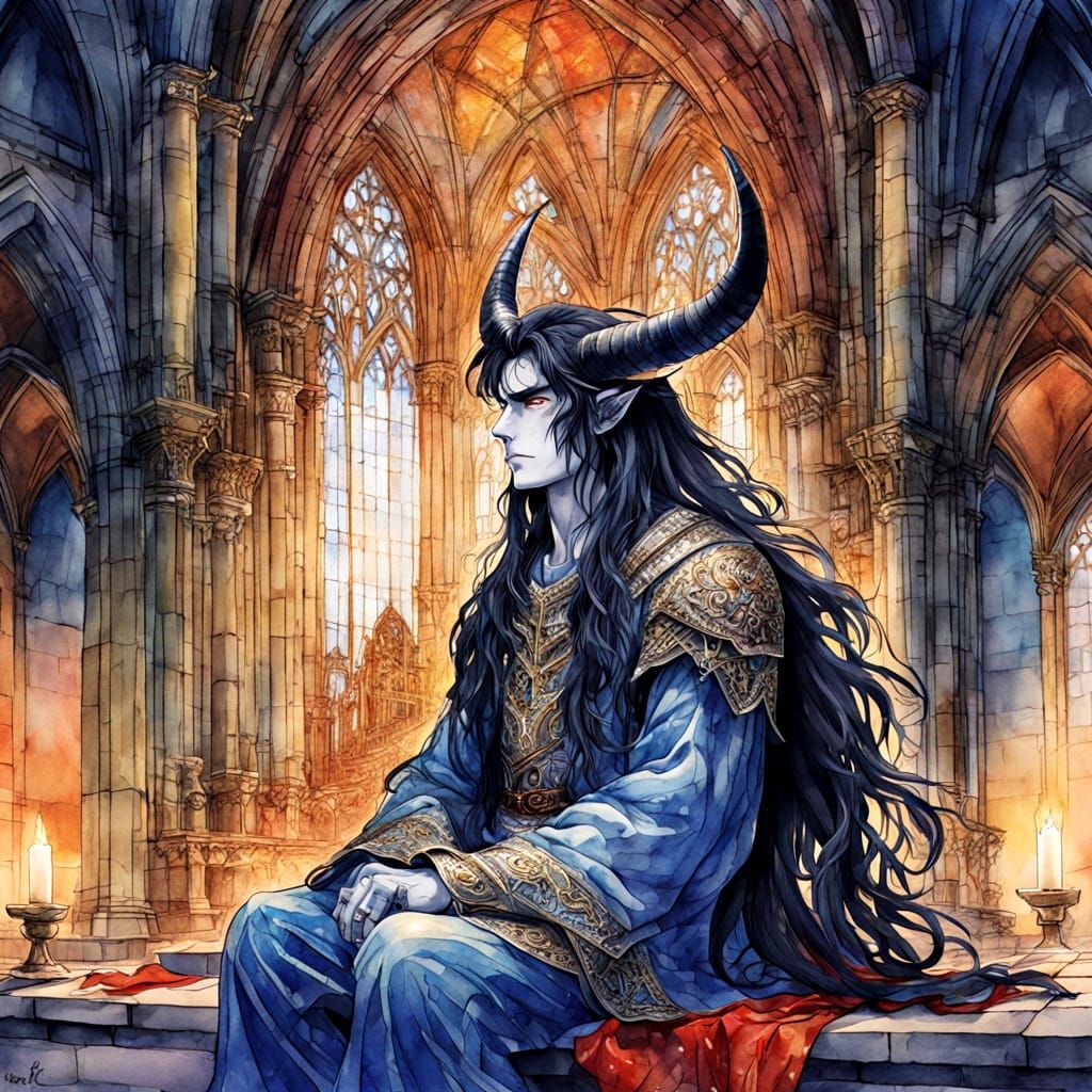 Tired Demon in Ruined Cathedral: Watercolor Manga Portrait