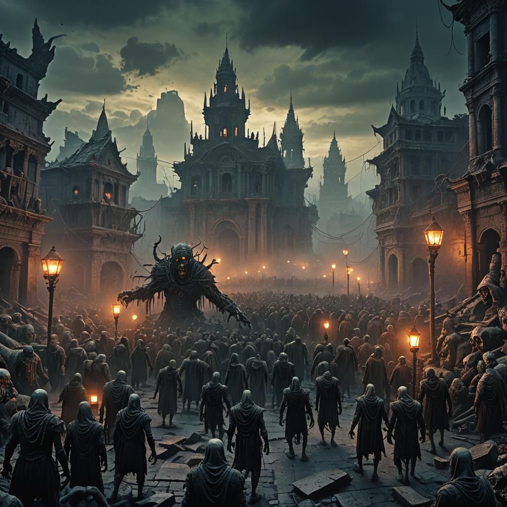 Horror Zombies in Ruined City, Dark Fantasy Art