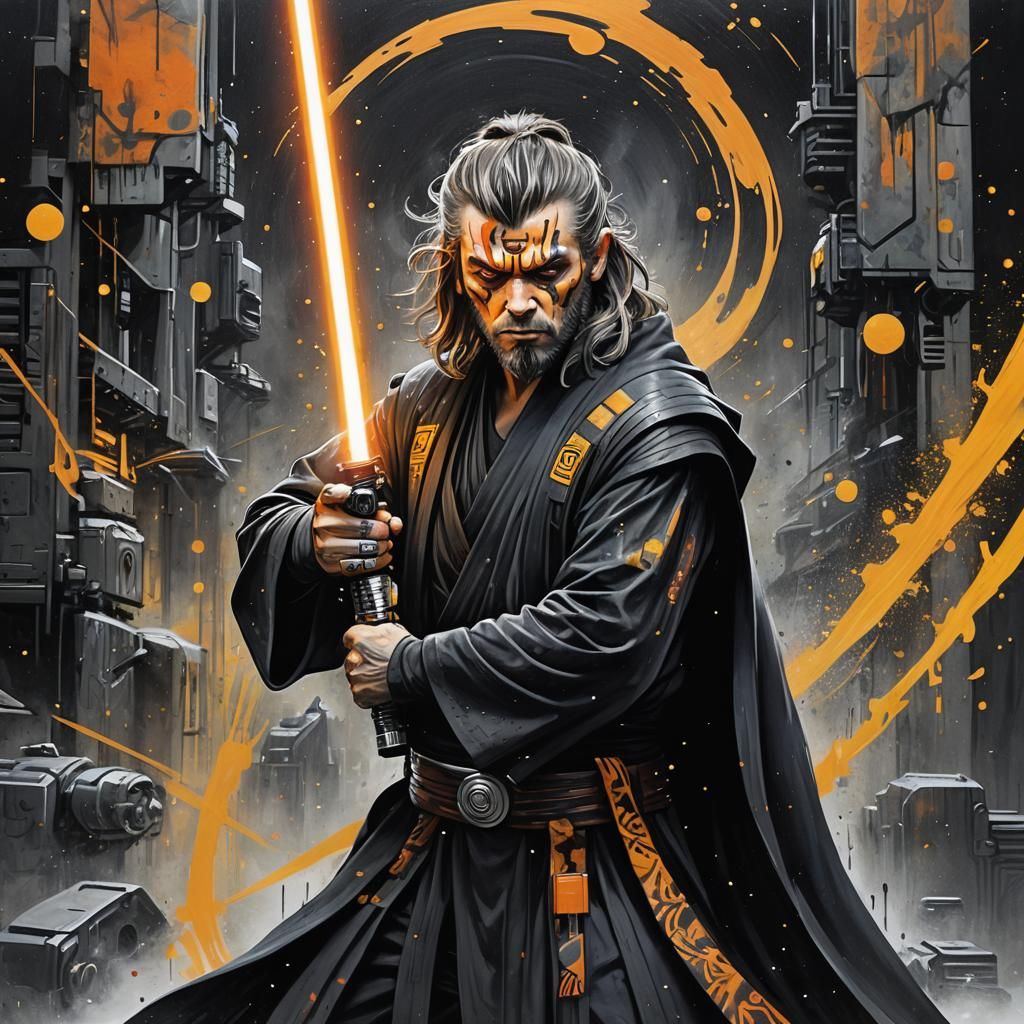 Futuristic Samurai Jedi with Orange Lightsaber