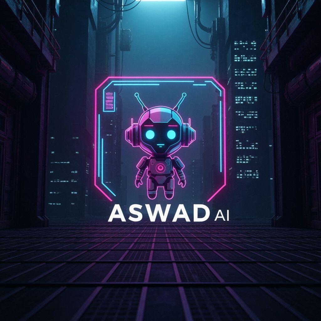 Aswad AI Logo with Futuristic Avatar in Dystopian Style