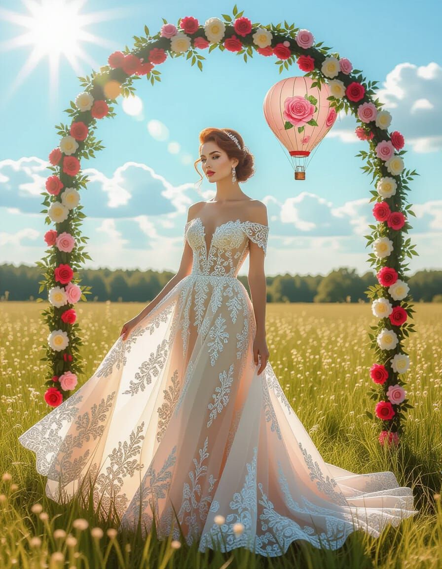 Vintage Woman in Rose Archway, Airbrush Style