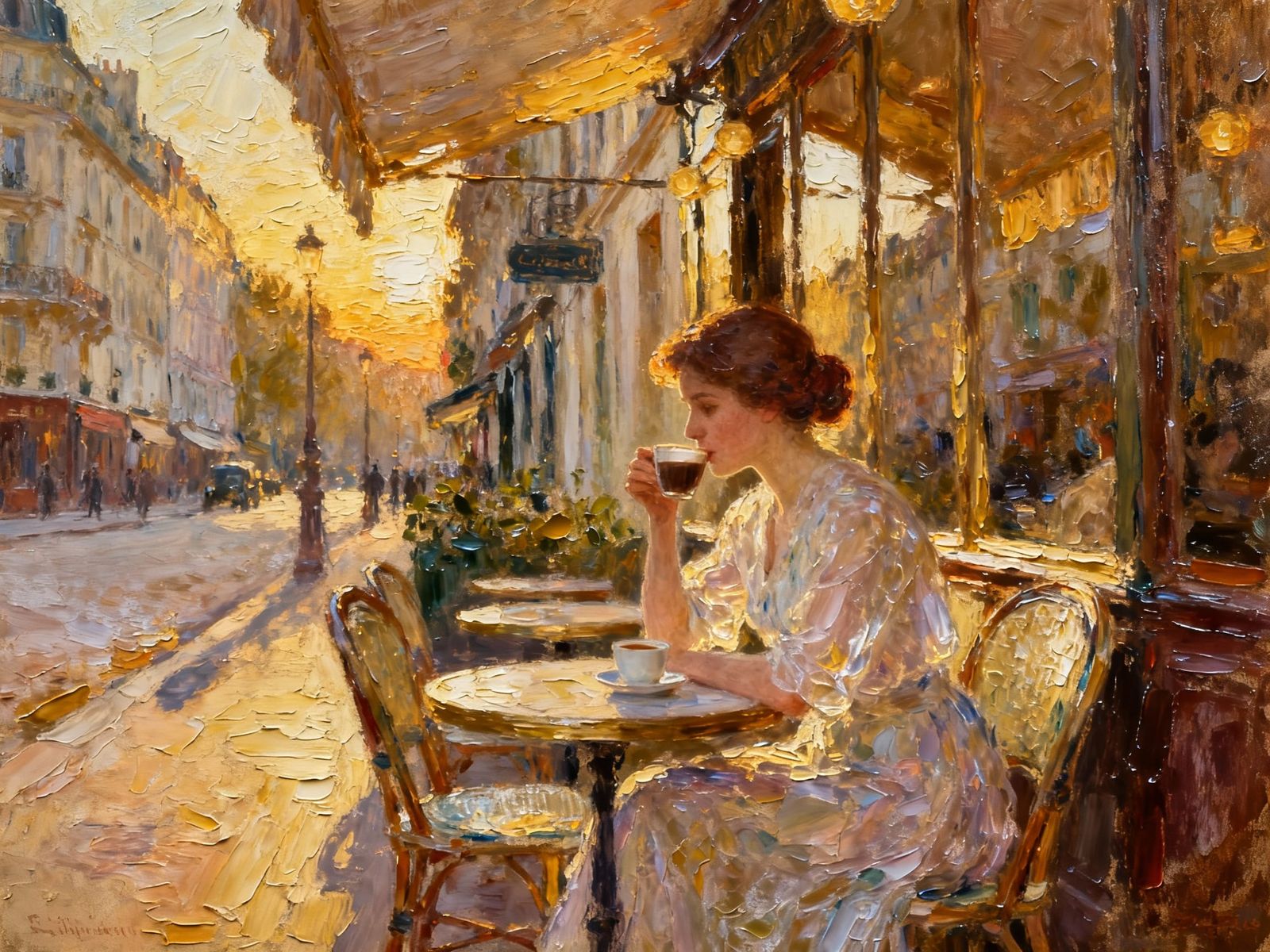 Woman Enjoys Coffee at Sidewalk Cafe in Wax Art Style
