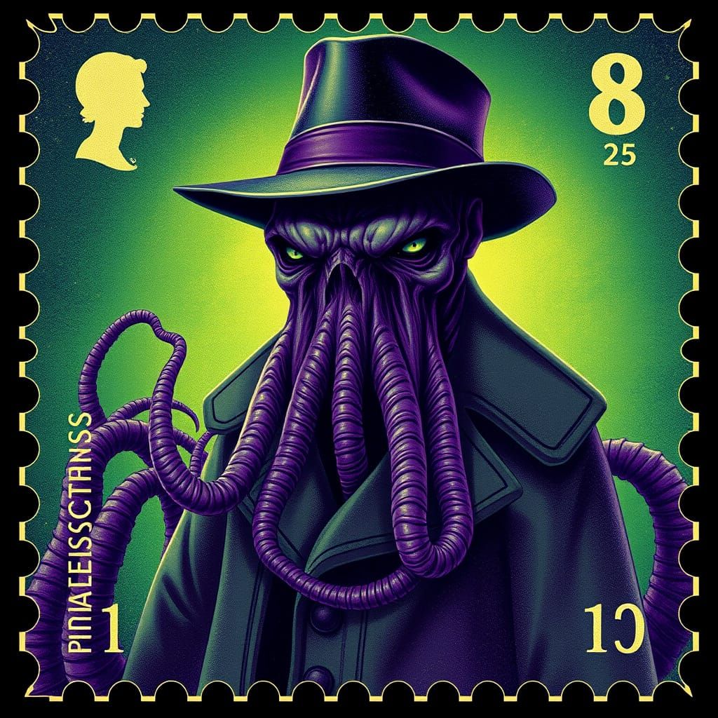 Cthulhu on Vintage Stamp in Dark Surrealist Style