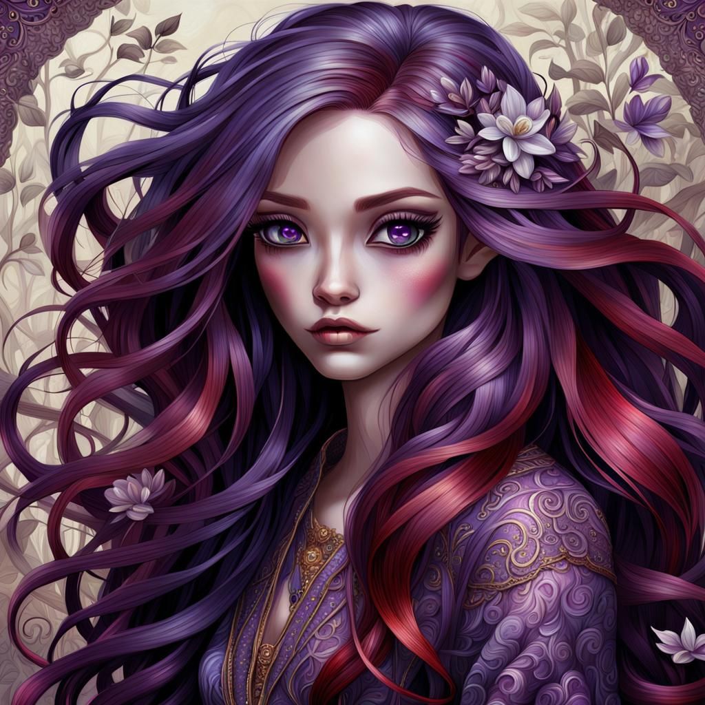 Crimson and Purple Haired Woman: Fantasy Concept Art