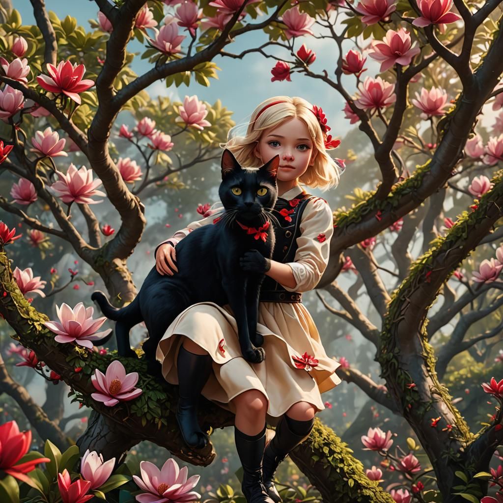 Girl and Cat in Magnolia Bush: Fantasy Art