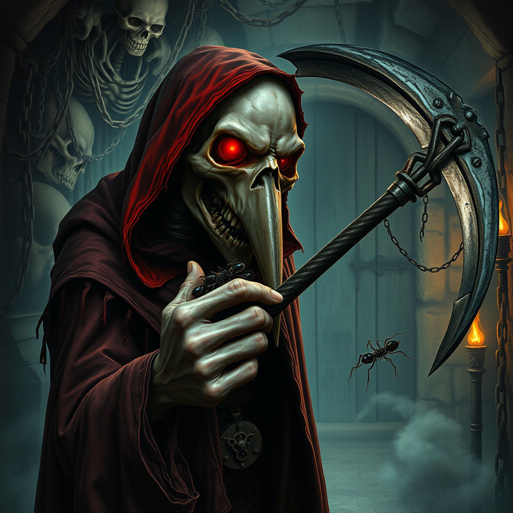 A extemely ghastly,  crypt keeper,  red eyes, crater skin, beak nose, big ghastly sharp, pointed teeth on his face, cree...