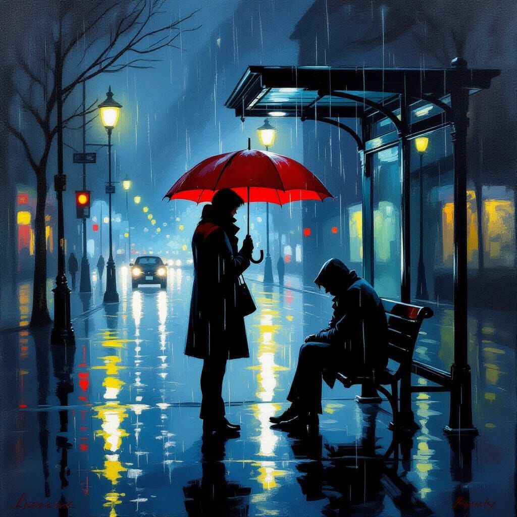 Kind Stranger Offers Umbrella in Rainy Cityscape