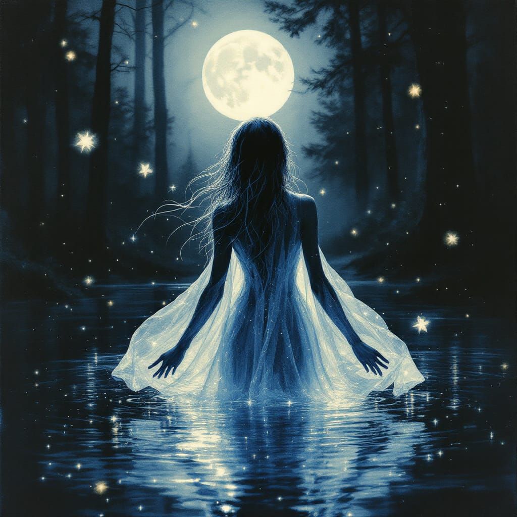 Mysterious Woman in Moonlit Forest Pond, Fairytale Watercolo...