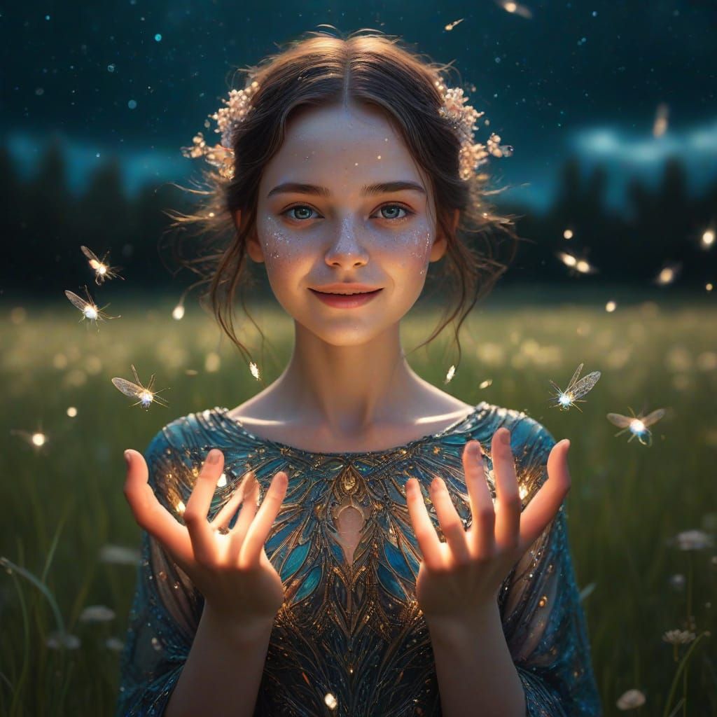 Surreal Woman with Fireflies and Shimmering Flora