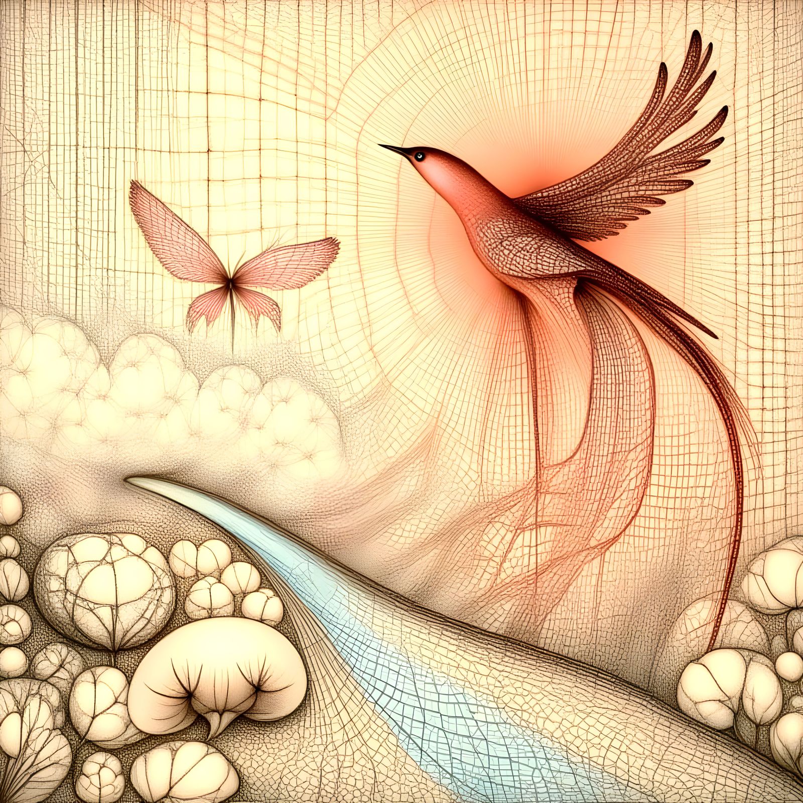 Intricate Bird Flies Sideways Over Winding River