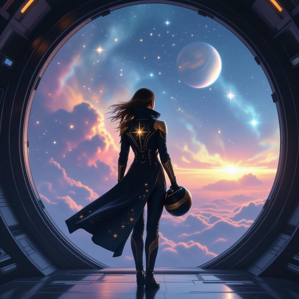 Interstellar Traveler Gazing at Cosmic View in Futuristic St...