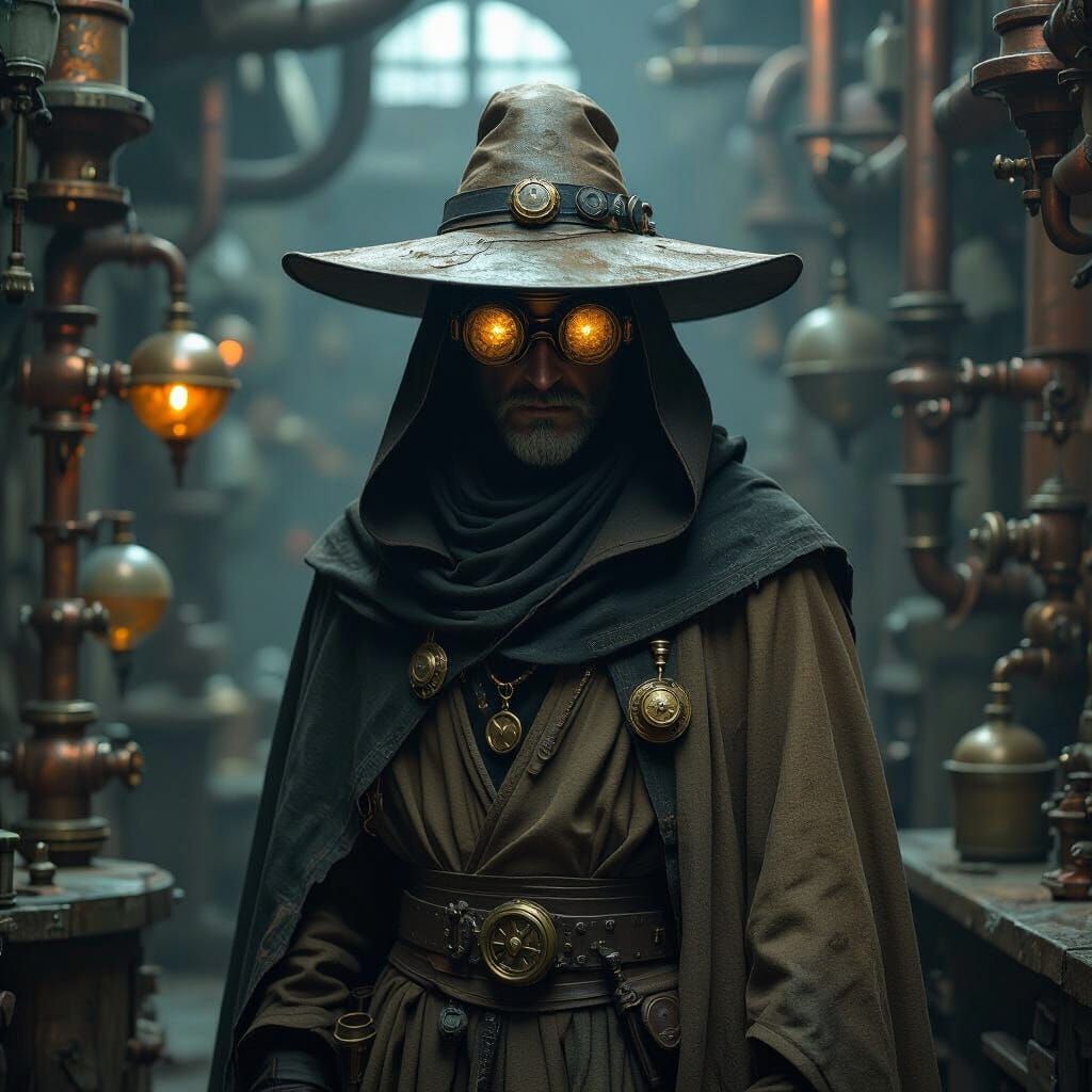 Eerie Alchemist in Forgotten Laboratory, Hyperrealistic Rend...