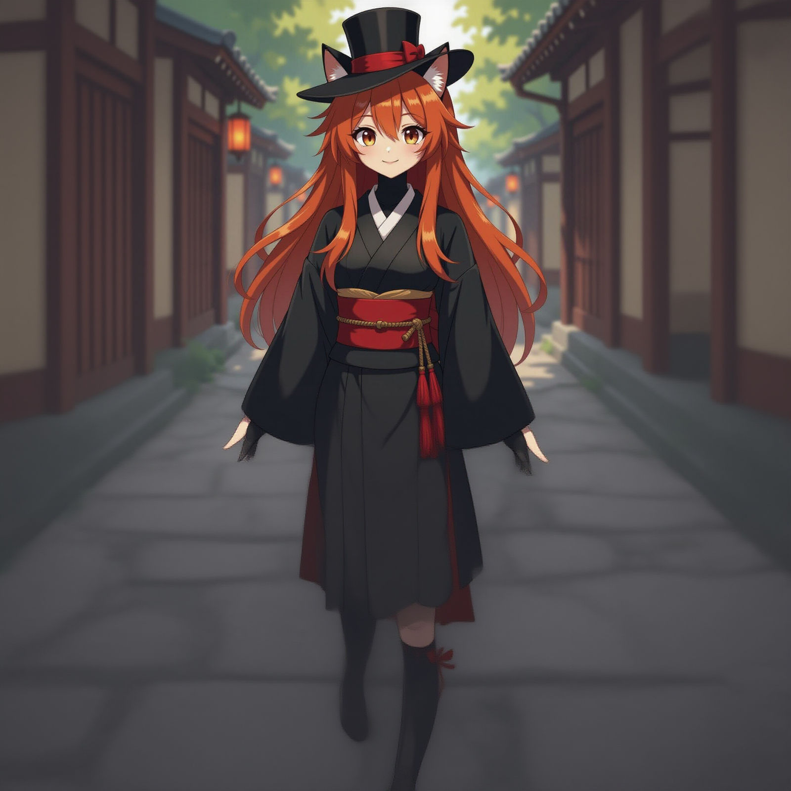 Anime Cat Girl in Traditional Japanese Attire with Mini Top ...