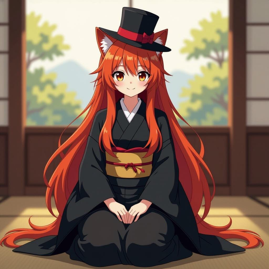 Neko Girl in Traditional Japanese Attire with Top Hat