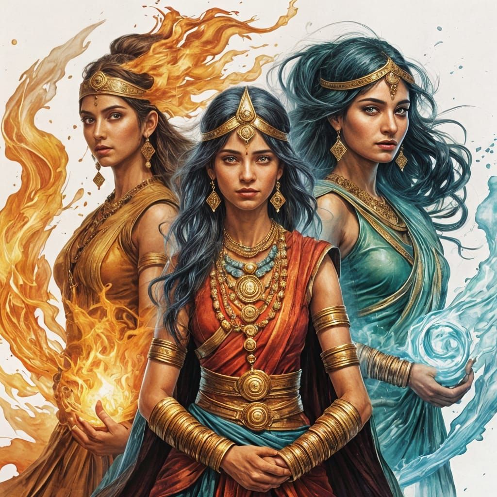 Elemental Sorceresses in Watercolor, Hyperdetailed Vedic Art