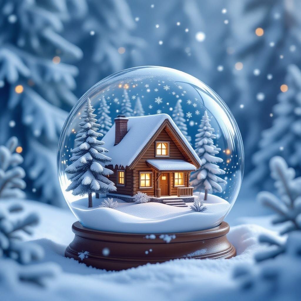 Cozy Cabin in Snowy Forest Snow Globe Illustration