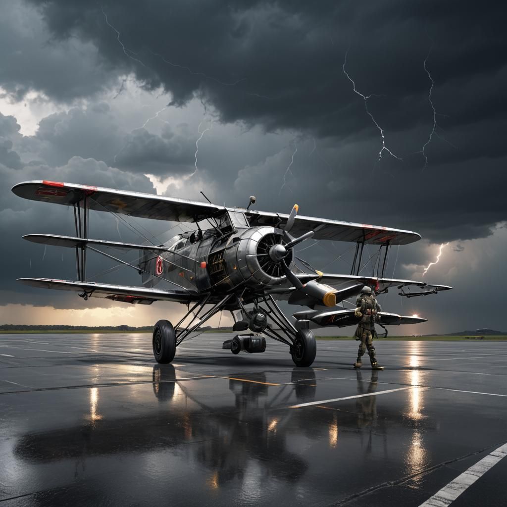Sci-Fi Biplane Ready for Action in Stormy Sky