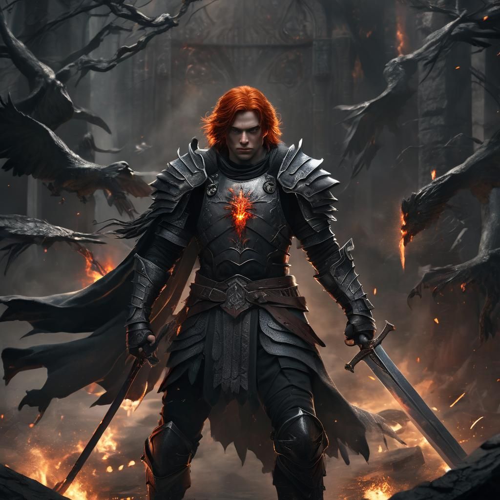 Dark Fantasy Angelic Warrior with Fiery Sword