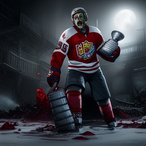 Zombie hockey player hoisting the Stanley Cup trophy
