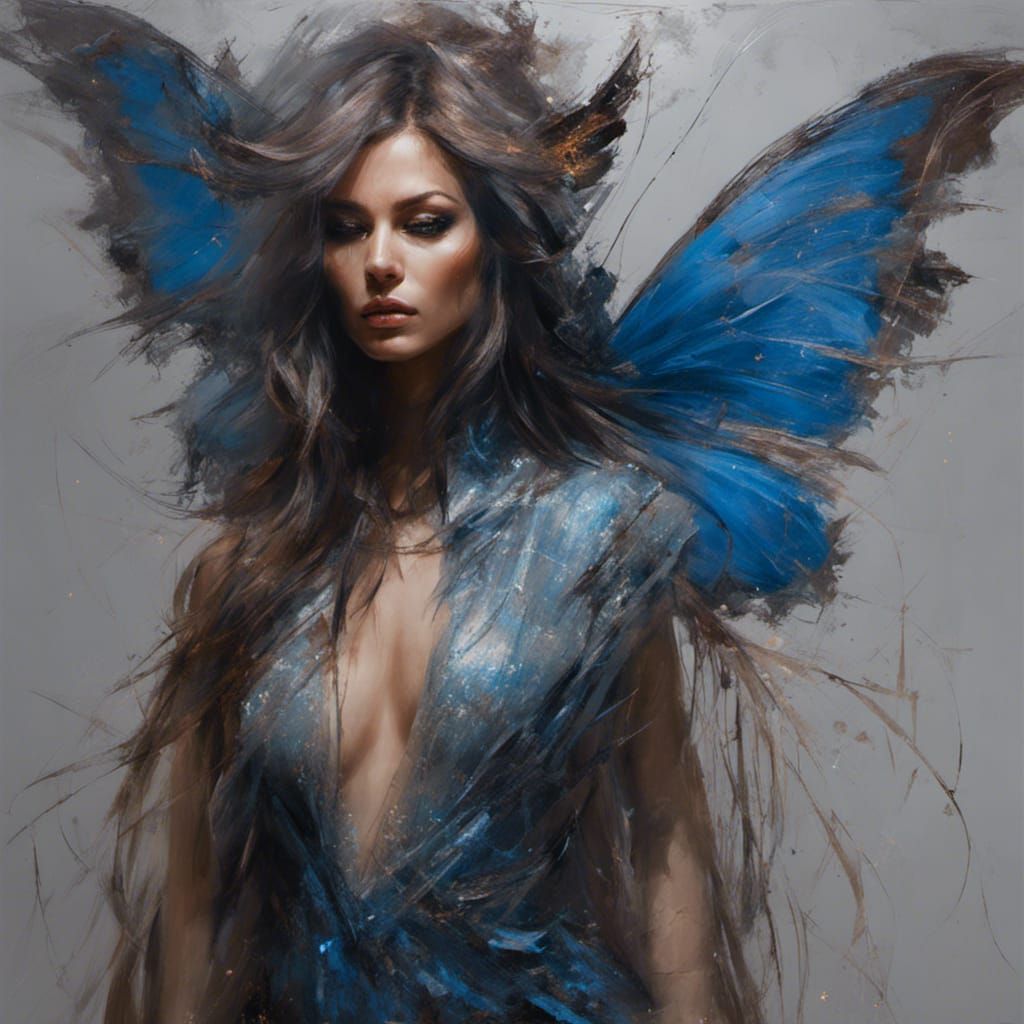 Attractive woman, with blue wings.