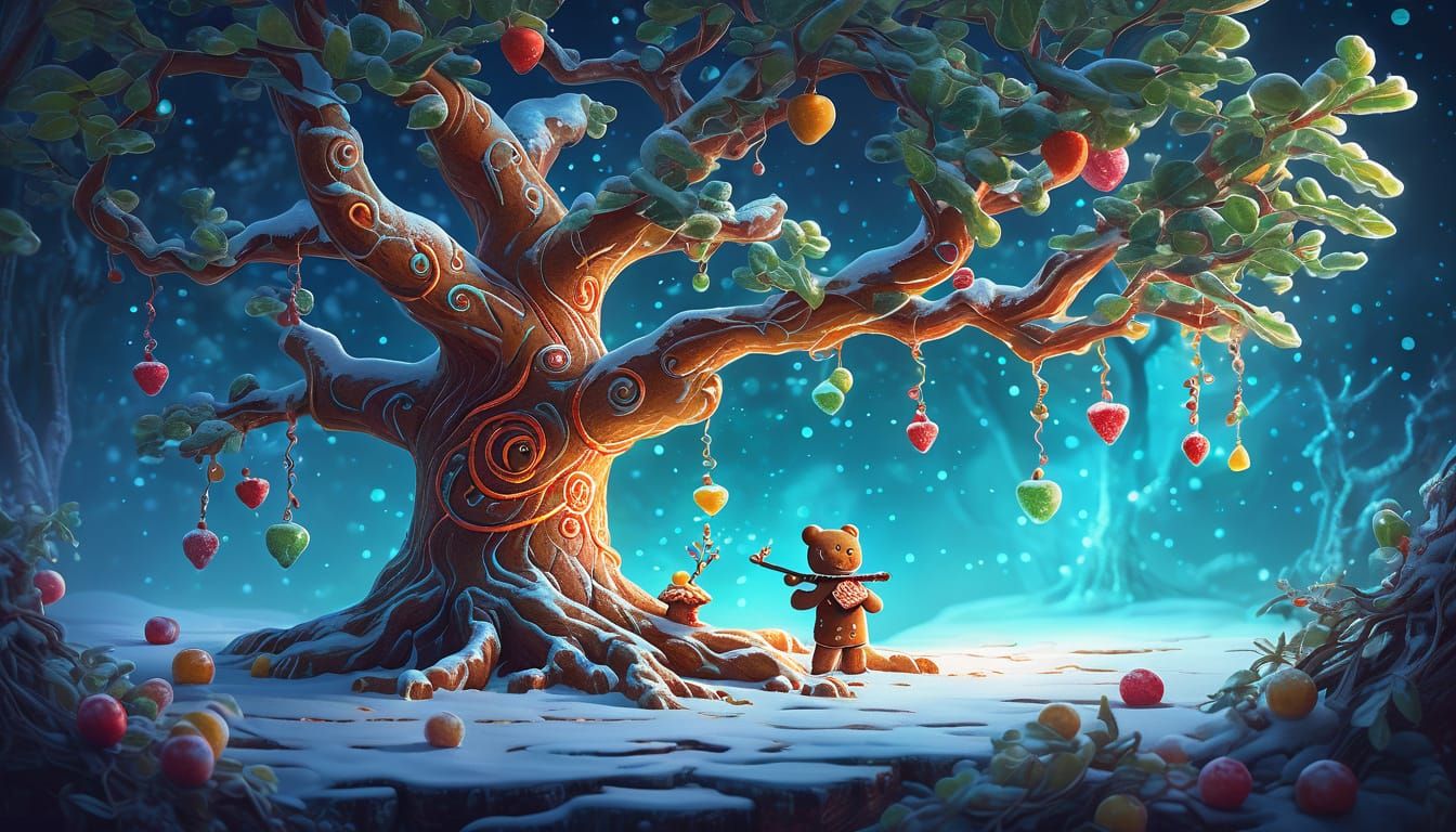 Ancient Gingerbread Tree with Candy Fruit and Flute Creature