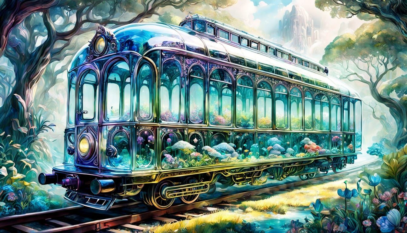 Ethereal Glass Train Soars Through Dreamscape