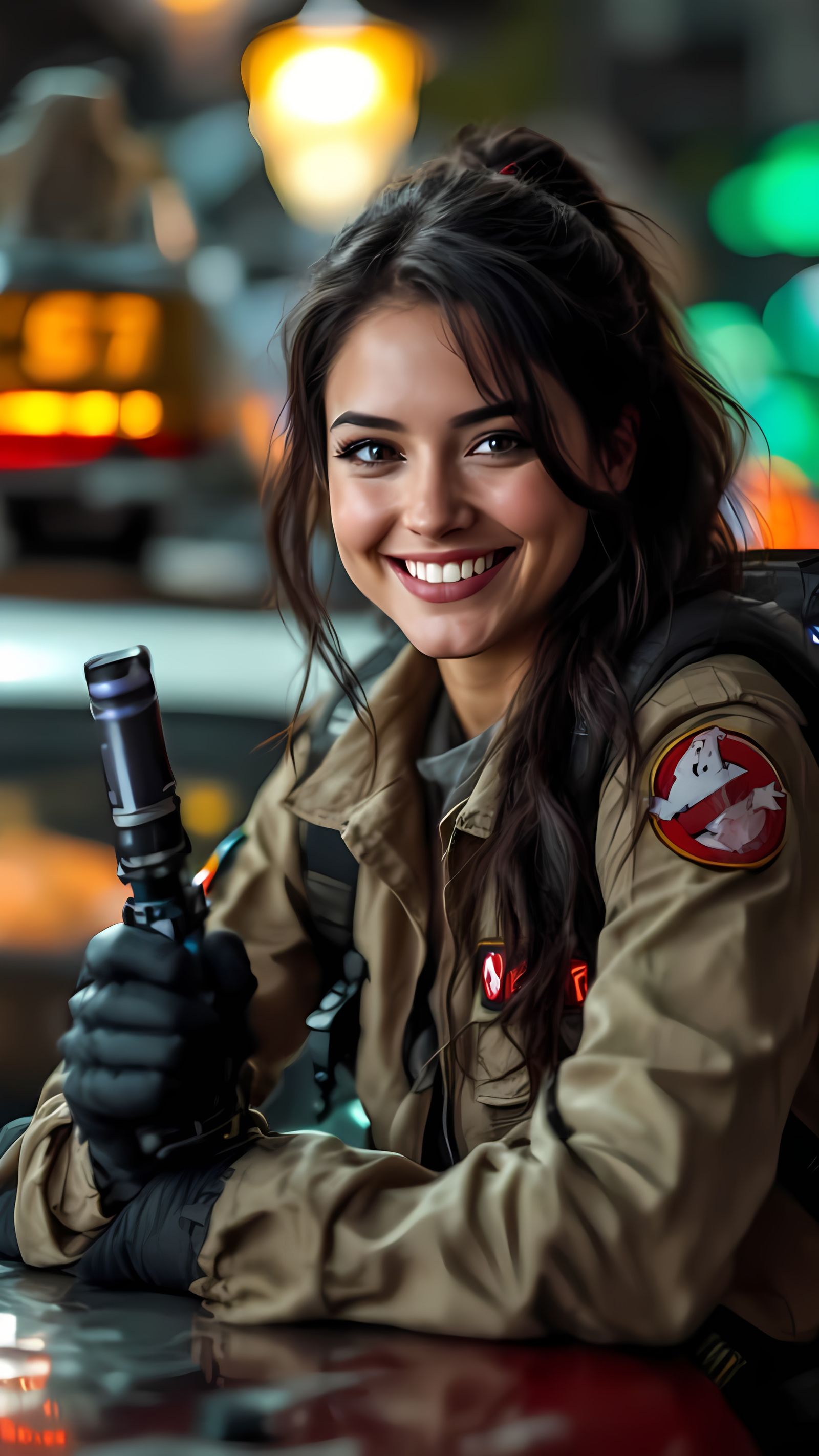 Female Ghostbuster with Ecto-1 in Professional Photo
