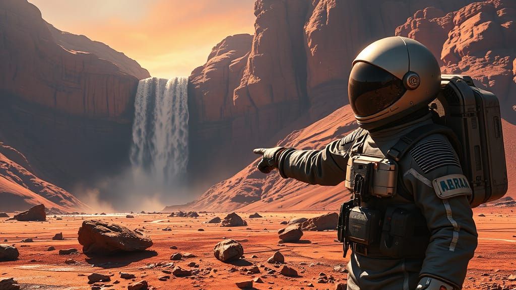 Astronauts Discover Martian Waterfall in Hyperrealistic Styl...