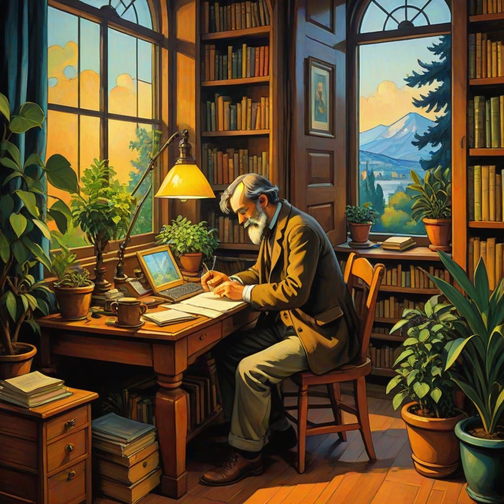 Geek in Library with Retro Comic Book, Warm Chiaroscuro