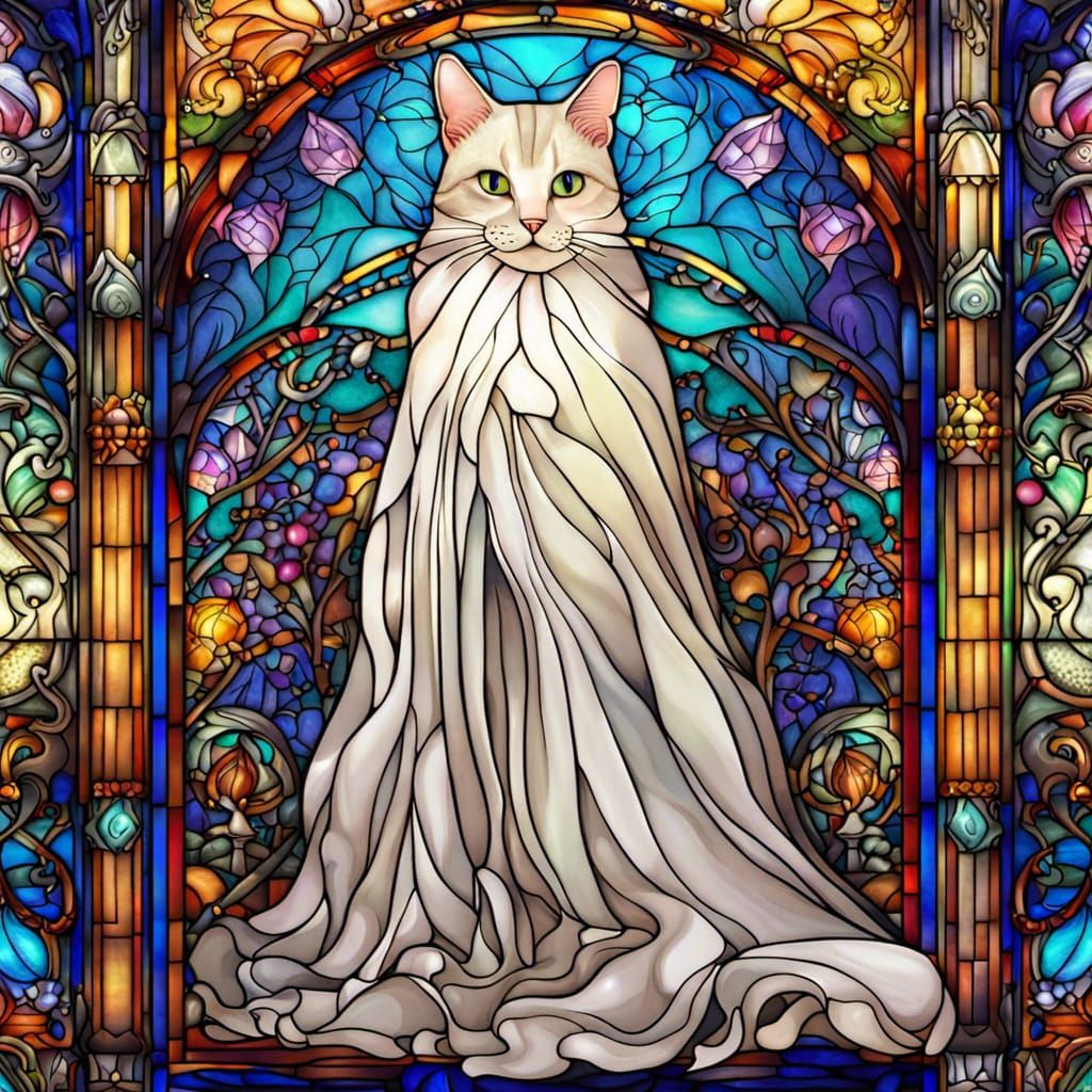 Cute Ghost Cat with Stained Glass Background